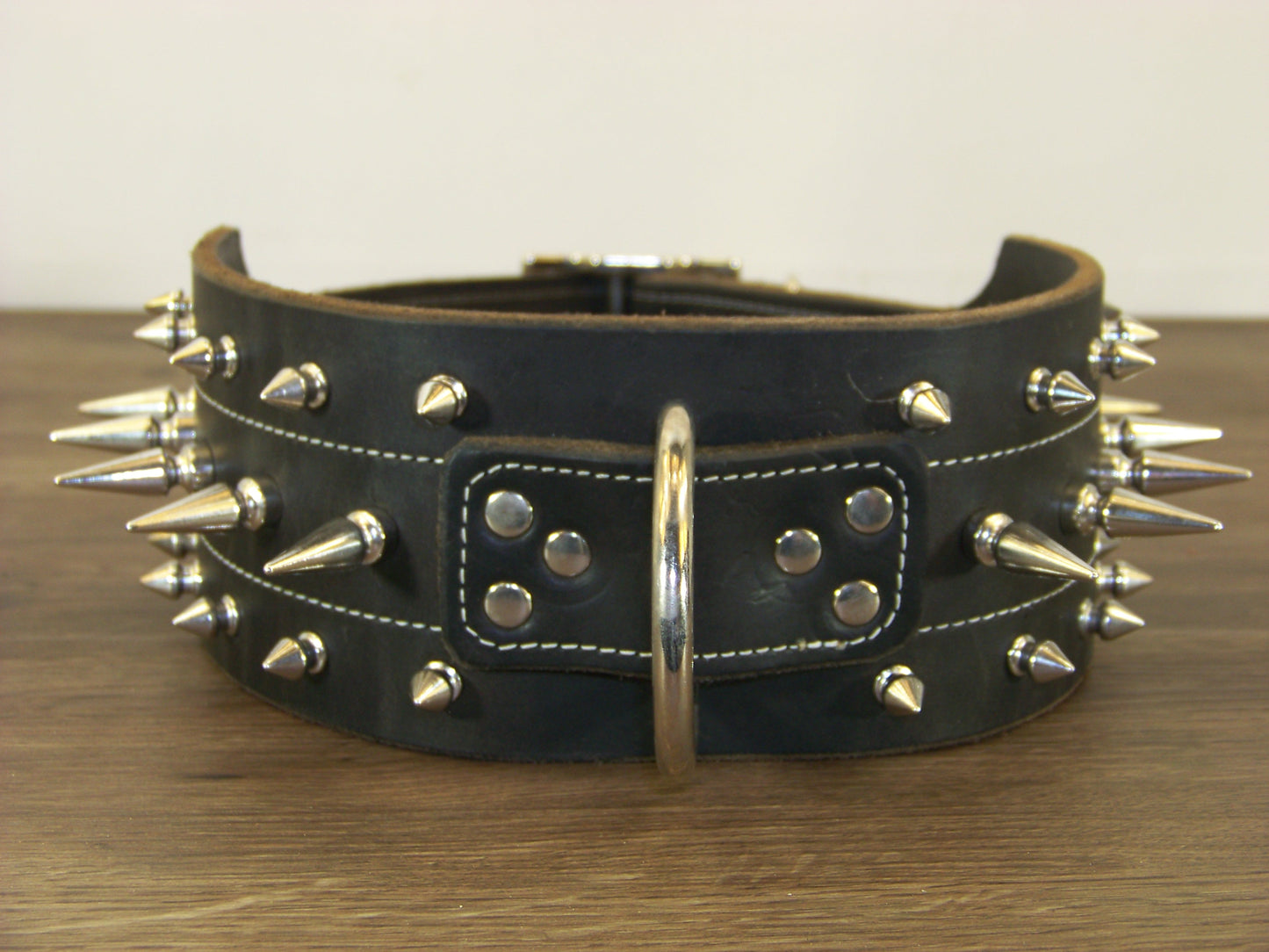 F)   3" Wide Leather Dog Collar- The Black Mamba - Tripple Row Spikes 1-1/4" Row and Two 1/4" Rows