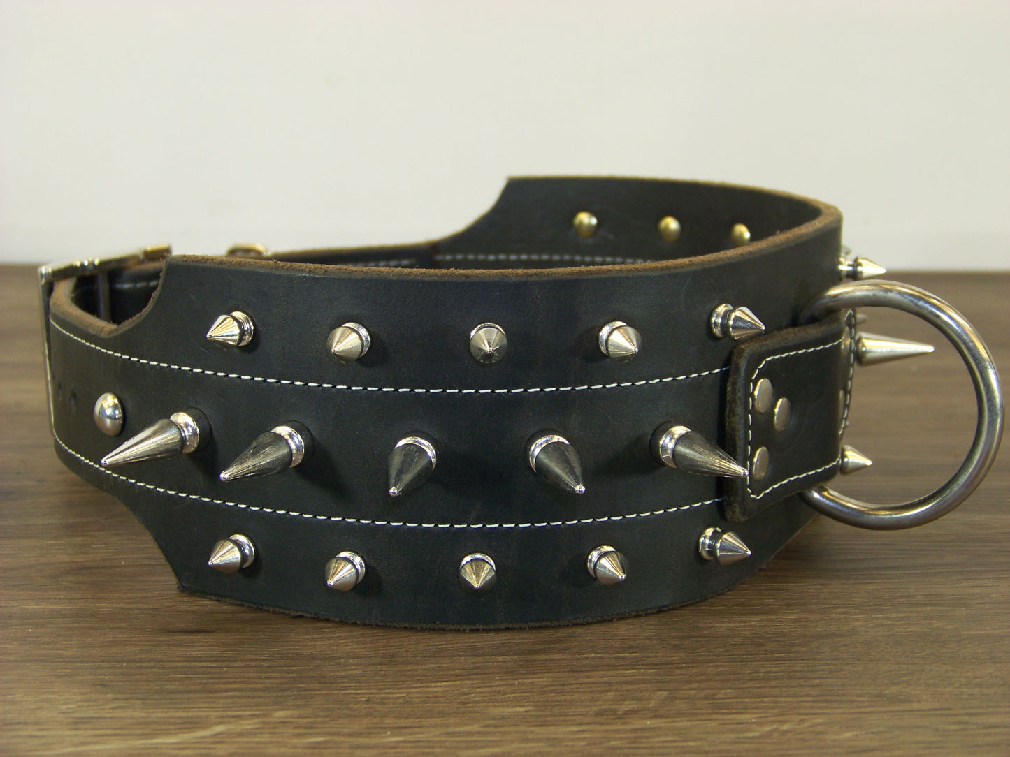 F)   3" Wide Leather Dog Collar- The Black Mamba - Tripple Row Spikes 1-1/4" Row and Two 1/4" Rows