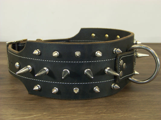 F)   3" Wide Leather Dog Collar- The Black Mamba - Tripple Row Spikes 1-1/4" Row and Two 1/4" Rows