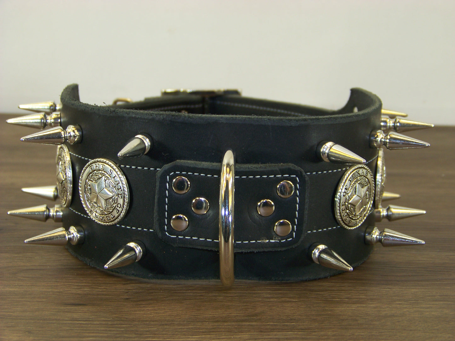 F)   3" Wide Leather Dog Collar -The Texas Ranger II - Double Row of 1-1/4" Spikes with The State Seal of Texas Conchos
