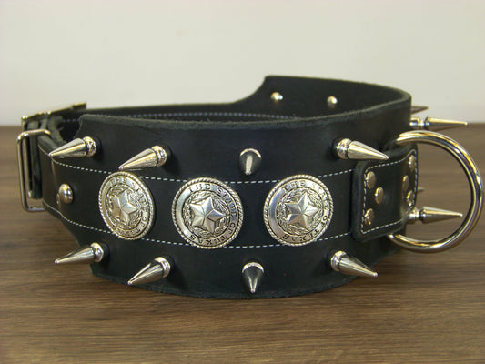 F)   3" Wide Leather Dog Collar -The Texas Ranger II - Double Row of 1-1/4" Spikes with The State Seal of Texas Conchos