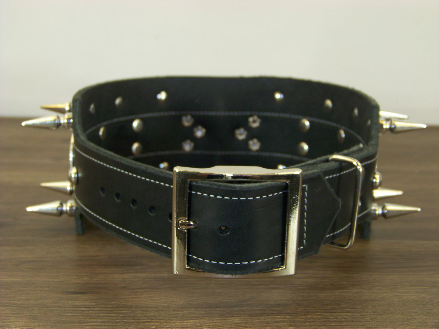 F)   3" Wide Leather Dog Collar -The Texas Ranger II - Double Row of 1-1/4" Spikes with The State Seal of Texas Conchos