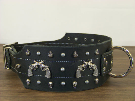 F)   3" Wide Leather Dog Collar- The Six Shooter - Six Gun Conchos w/ Skull and Dome Accents