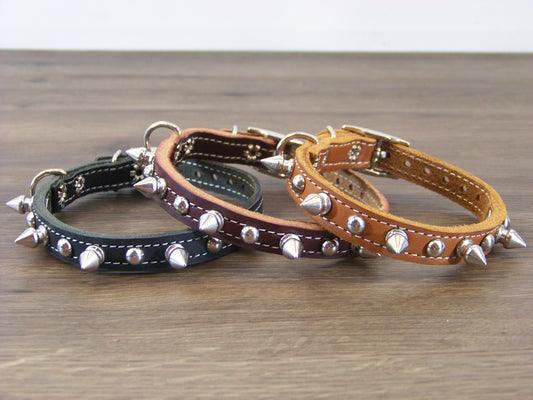 A)   1/2" Wide Miniature Leather Dog Collar - The Spyke-O-Rama - Featuring Spike Rivets and Stainless Dome Rivet