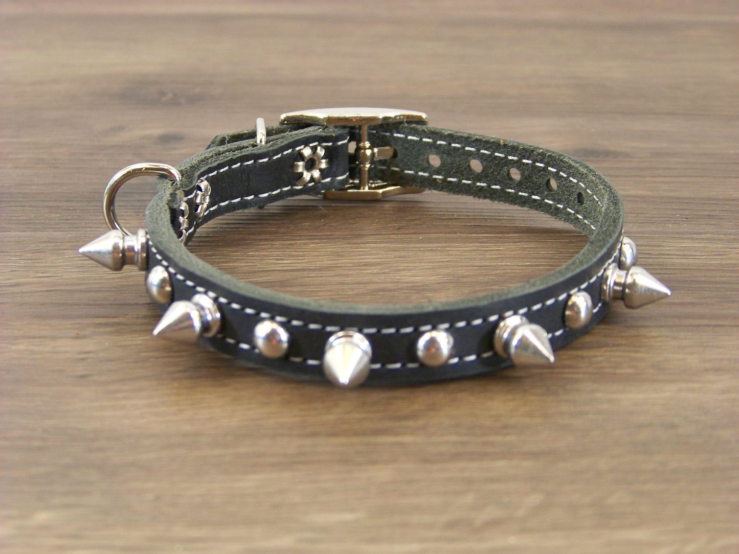 A)   1/2" Wide Miniature Leather Dog Collar - The Spyke-O-Rama - Featuring Spike Rivets and Stainless Dome Rivet