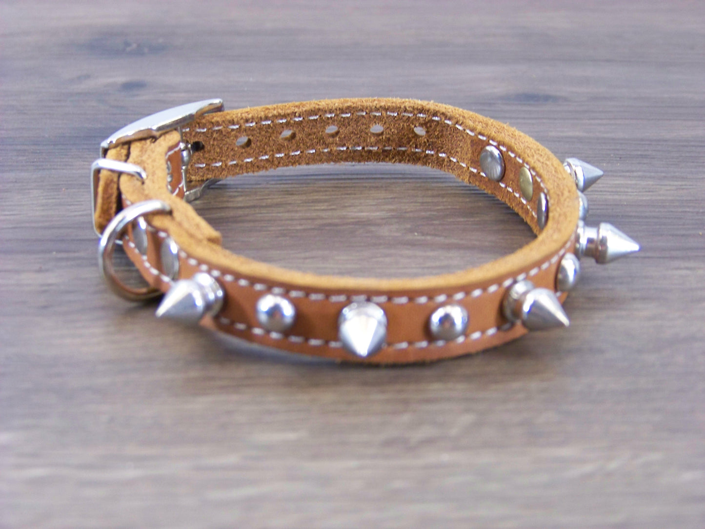 A)   1/2" Wide Miniature Leather Dog Collar - The Spyke-O-Rama - Featuring Spike Rivets and Stainless Dome Rivet