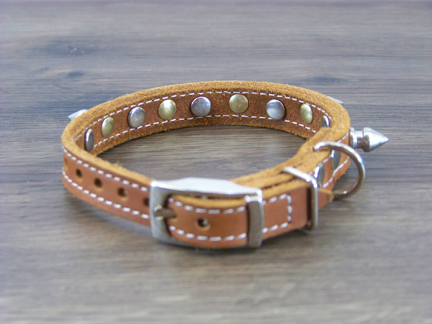 A)   1/2" Wide Miniature Leather Dog Collar - The Spyke-O-Rama - Featuring Spike Rivets and Stainless Dome Rivet