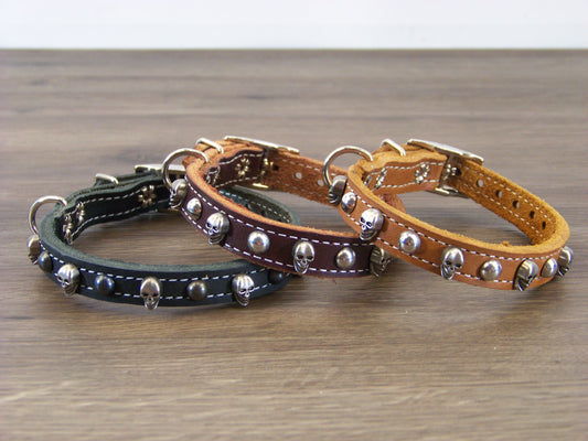 A)   1/2" Wide Miniature Leather Dog Collar- The Dark Angel - Featuring a Skull Concho and Dome Rivet