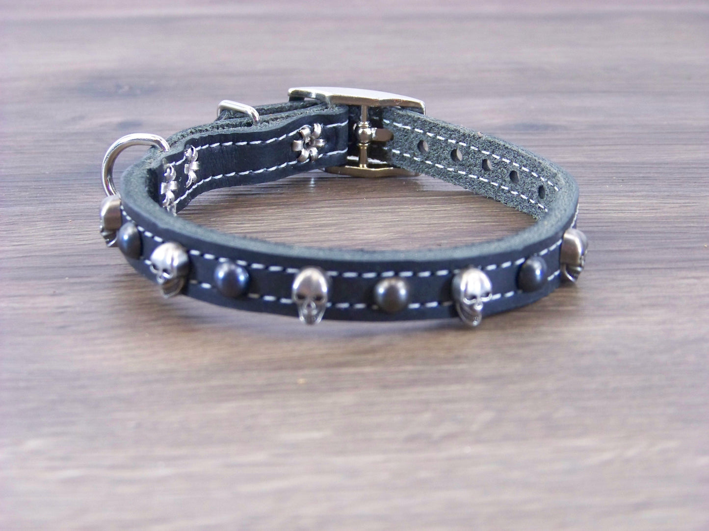A)   1/2" Wide Miniature Leather Dog Collar- The Dark Angel - Featuring a Skull Concho and Dome Rivet