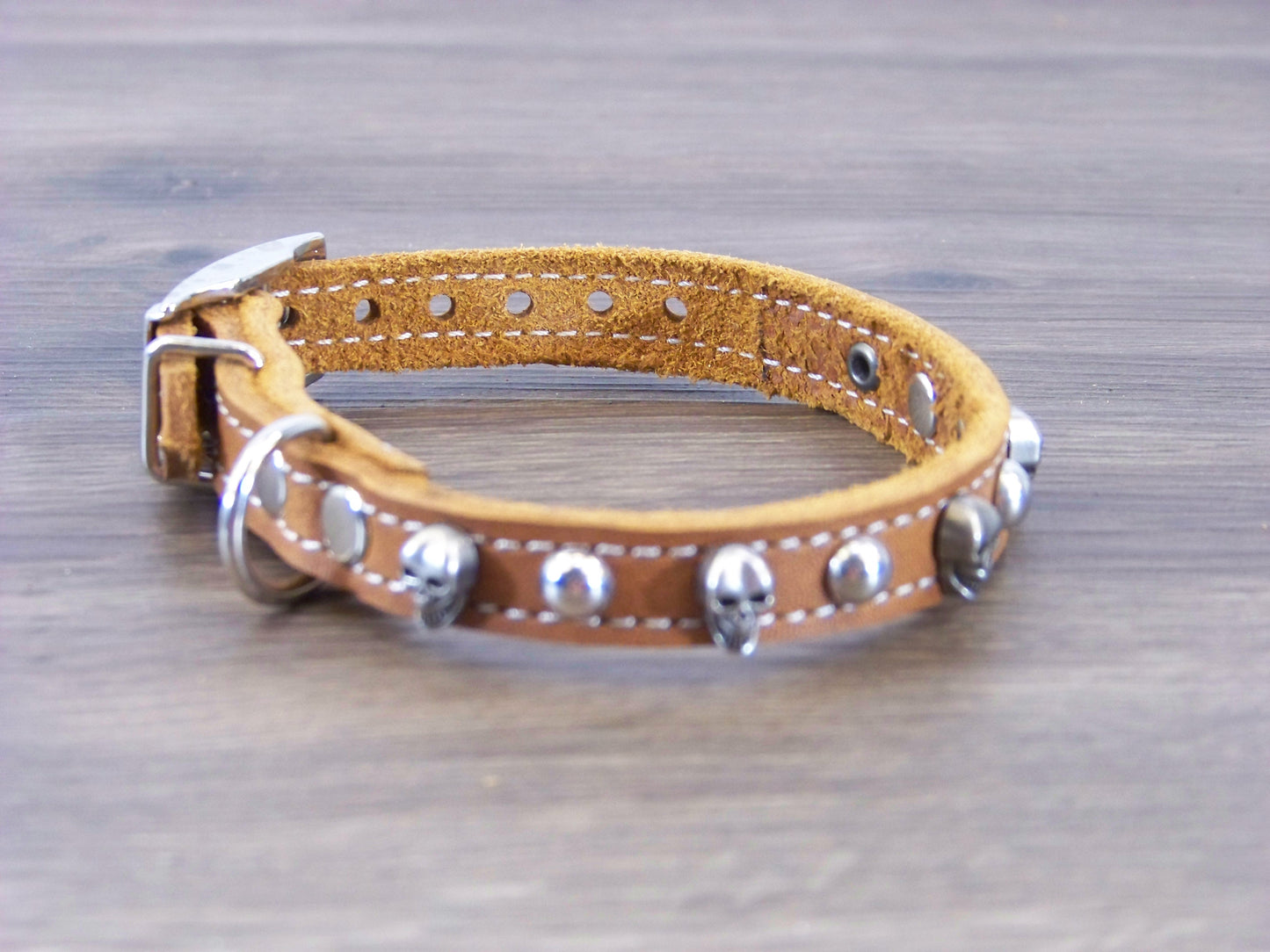 A)   1/2" Wide Miniature Leather Dog Collar- The Dark Angel - Featuring a Skull Concho and Dome Rivet