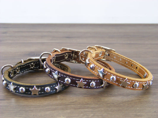A)   1/2" Wide Miniature Leather Dog Collar - The Hollywood - Featuring Stainless Star Concho W/ Dome Rivet