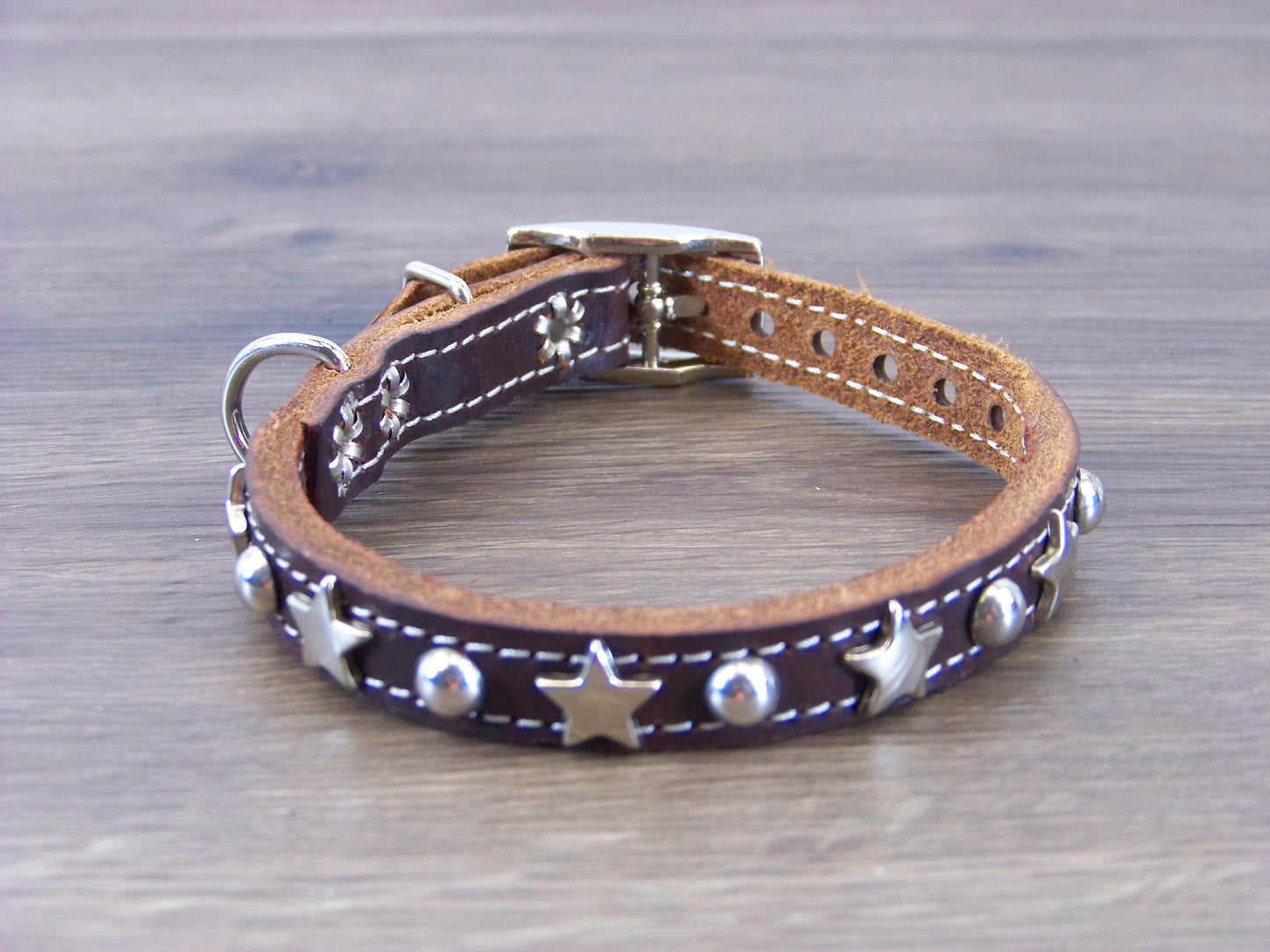 A)   1/2" Wide Miniature Leather Dog Collar - The Hollywood - Featuring Stainless Star Concho W/ Dome Rivet