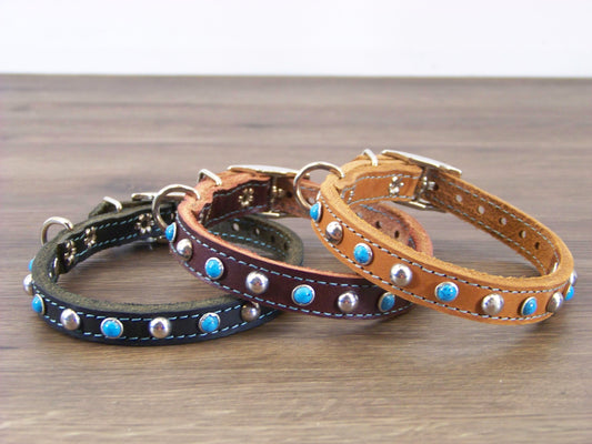 A)   1/2" Wide Miniature Leather Dog Collar - -The Sante Fe - Featuring Blue Turquoise and Stainless Dome Rivets