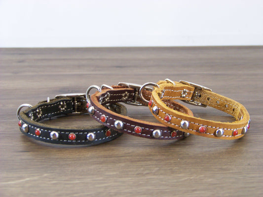 A)   1/2" Wide Miniature Leather Dog Collar - The Sante Fe - Featuring Red Turquoise Conchos and Stainless Dome Rivets