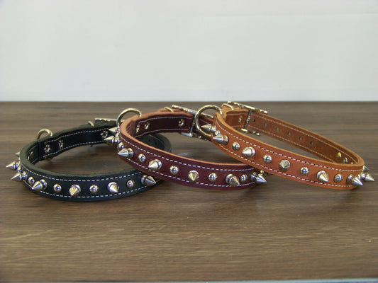 B)   3/4" Wide Leather Dog Collar -The Spyke-O-Rama II - Featuring Spike Rivets W/ Stainless Dome Rivets