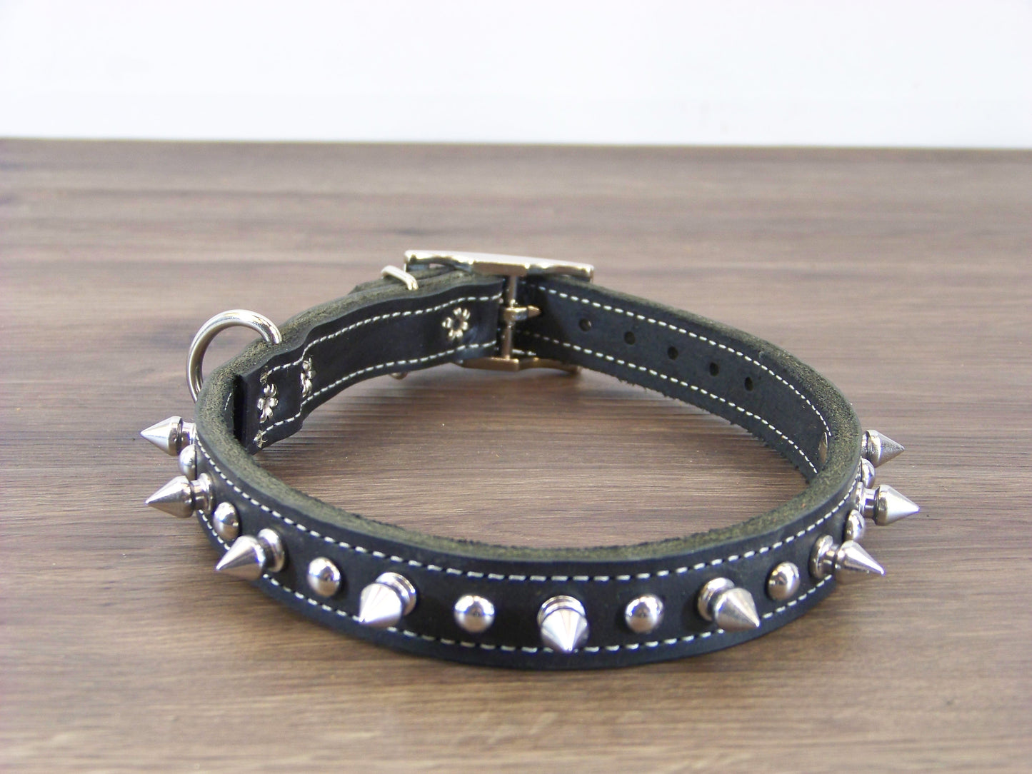 B)   3/4" Wide Leather Dog Collar -The Spyke-O-Rama II - Featuring Spike Rivets W/ Stainless Dome Rivets