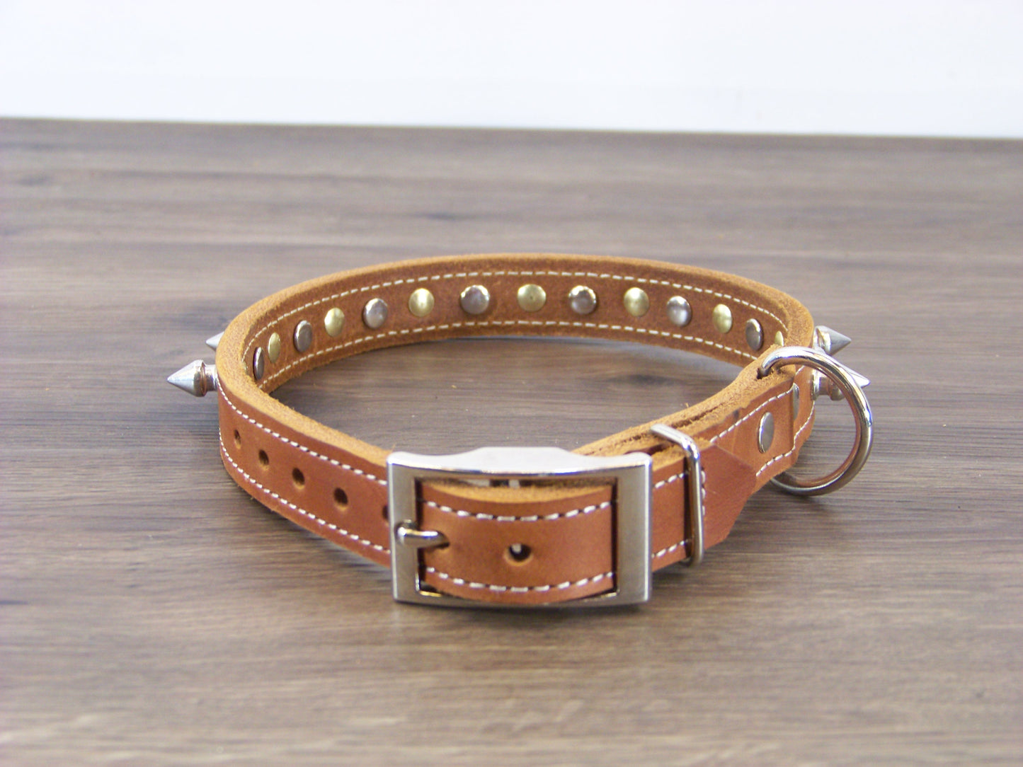 B)   3/4" Wide Leather Dog Collar -The Spyke-O-Rama II - Featuring Spike Rivets W/ Stainless Dome Rivets