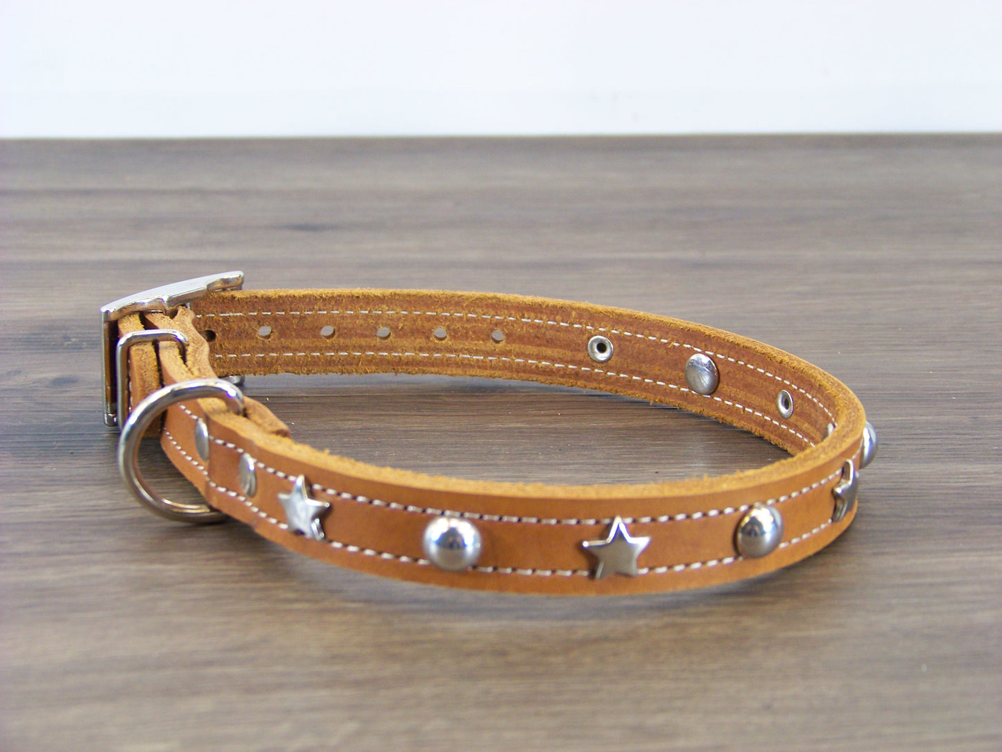 B)   3/4" Wide Leather Dog Collar -The Hollywood II - Featuring Stainless Star Conchos W/ Dome Rivet