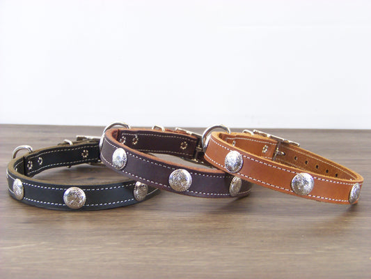 B)   3/4" Wide Leather Dog Collar - The Rancher - Featuring a Bright Nickle Western Concho