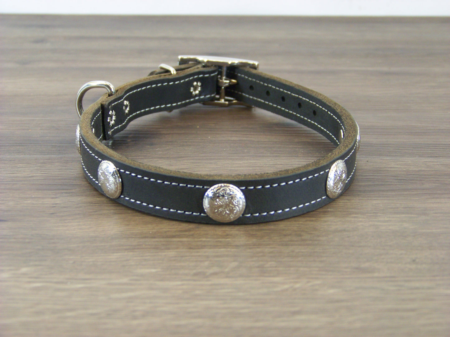 B)   3/4" Wide Leather Dog Collar - The Rancher - Featuring a Bright Nickle Western Concho