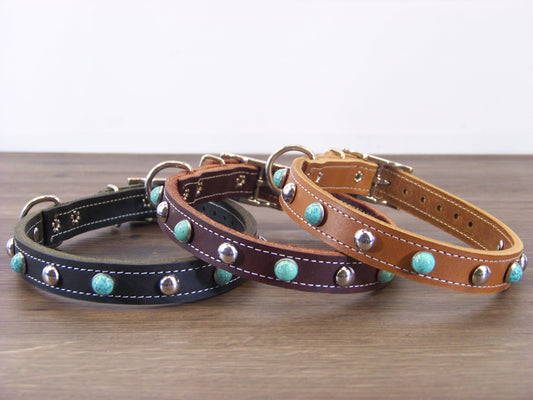 B)   3/4" Wide Leather Dog Collar - The Sante Fe II - Featuring Green Turquoise Conchos W/ Stainless Dome Rivets