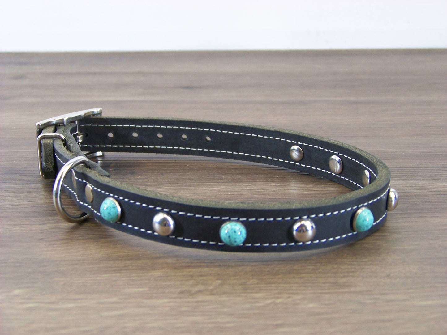 B)   3/4" Wide Leather Dog Collar - The Sante Fe II - Featuring Green Turquoise Conchos W/ Stainless Dome Rivets