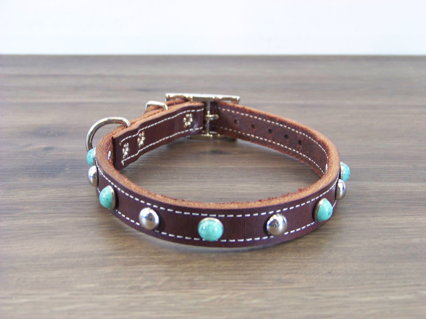 B)   3/4" Wide Leather Dog Collar - The Sante Fe II - Featuring Green Turquoise Conchos W/ Stainless Dome Rivets