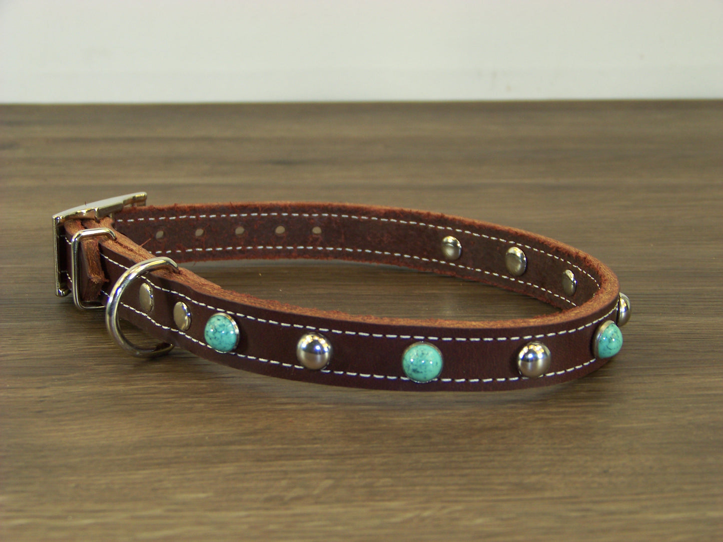 B)   3/4" Wide Leather Dog Collar - The Sante Fe II - Featuring Green Turquoise Conchos W/ Stainless Dome Rivets