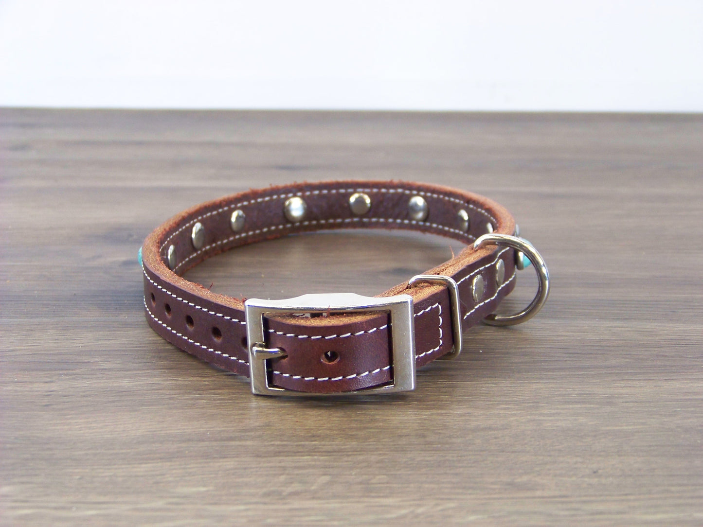 B)   3/4" Wide Leather Dog Collar - The Sante Fe II - Featuring Green Turquoise Conchos W/ Stainless Dome Rivets