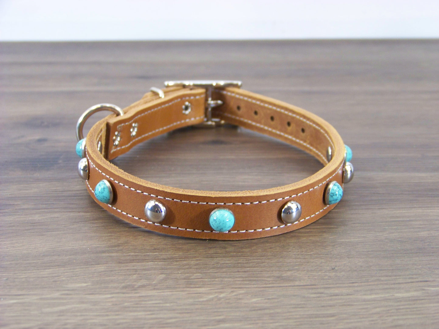 B)   3/4" Wide Leather Dog Collar - The Sante Fe II - Featuring Green Turquoise Conchos W/ Stainless Dome Rivets