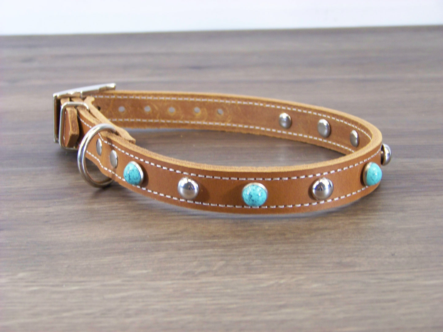 B)   3/4" Wide Leather Dog Collar - The Sante Fe II - Featuring Green Turquoise Conchos W/ Stainless Dome Rivets