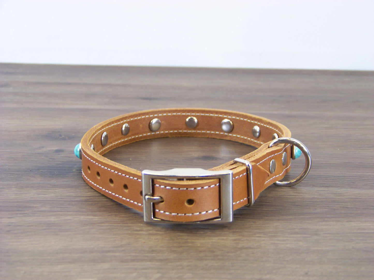 B)   3/4" Wide Leather Dog Collar - The Sante Fe II - Featuring Green Turquoise Conchos W/ Stainless Dome Rivets