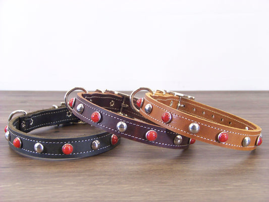 B)   3/4" Wide Leather Dog Collar - The Sante Fe II - Red Turquoise Conchos W/ Stainless Dome Rivets