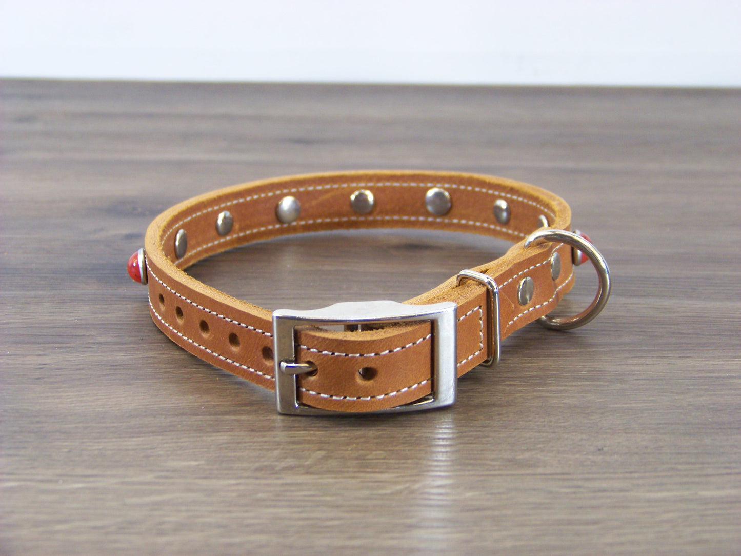 B)   3/4" Wide Leather Dog Collar - The Sante Fe II - Red Turquoise Conchos W/ Stainless Dome Rivets