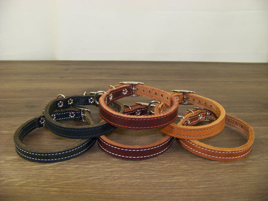 A)   1/2" Wide Miniature Leather Dog Collars - The Little Reggie -  Premium Latigo Leather