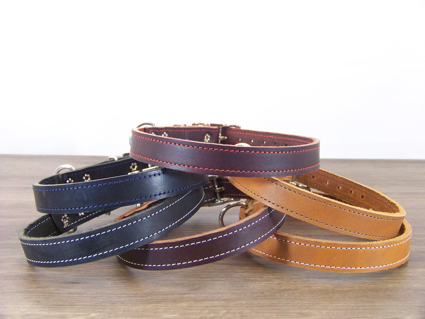 B)   3/4" Wide Leather Dog Collars- The Reggie - Premium Latigo Leather for Smaller Dogs