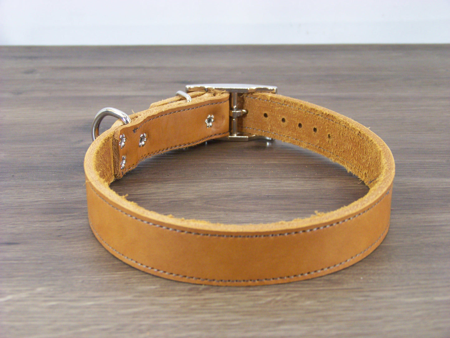 C)   1" Wide Leather Dog Collar - The Big Reggie - Premium Latigo Leather for Larger Dogs