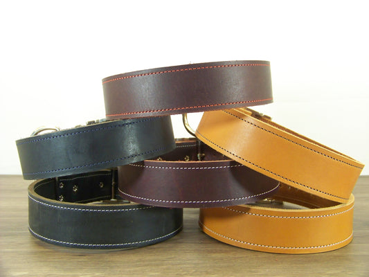 D)   1-1/2" Wide Leather Dog Collar - The Big Regie II - Premium Latigo Leather in Heavy Duty for Large Dogs