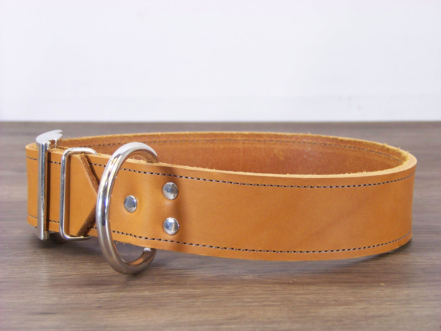 D)   1-1/2" Wide Leather Dog Collar - The Big Regie II - Premium Latigo Leather in Heavy Duty for Large Dogs