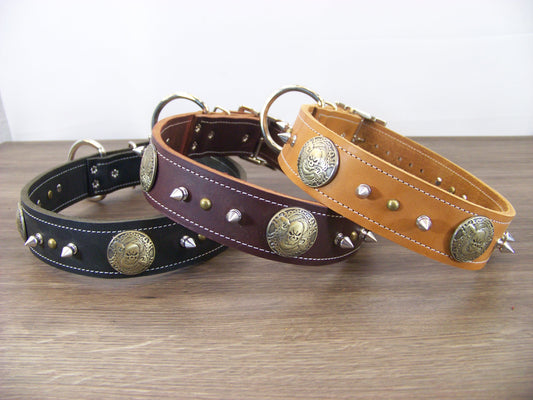 D)  1-1/2' Wide Leather Dog Collar - The Reaper - Skull Medalion W/ 1/2" Spike and Dome Rivets