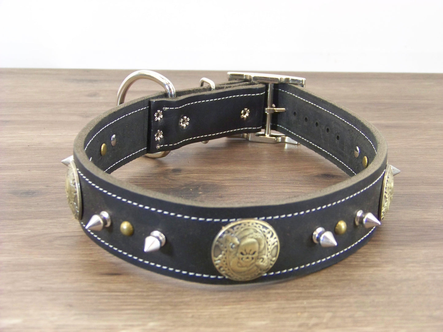 D)  1-1/2' Wide Leather Dog Collar - The Reaper - Skull Medalion W/ 1/2" Spike and Dome Rivets