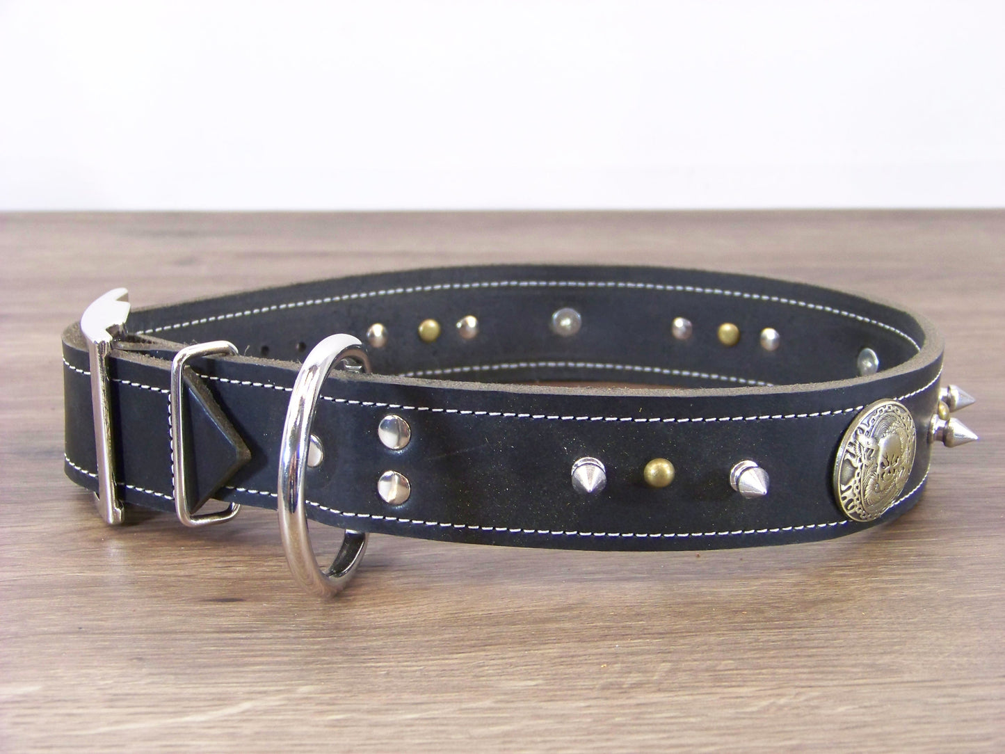 D)  1-1/2' Wide Leather Dog Collar - The Reaper - Skull Medalion W/ 1/2" Spike and Dome Rivets