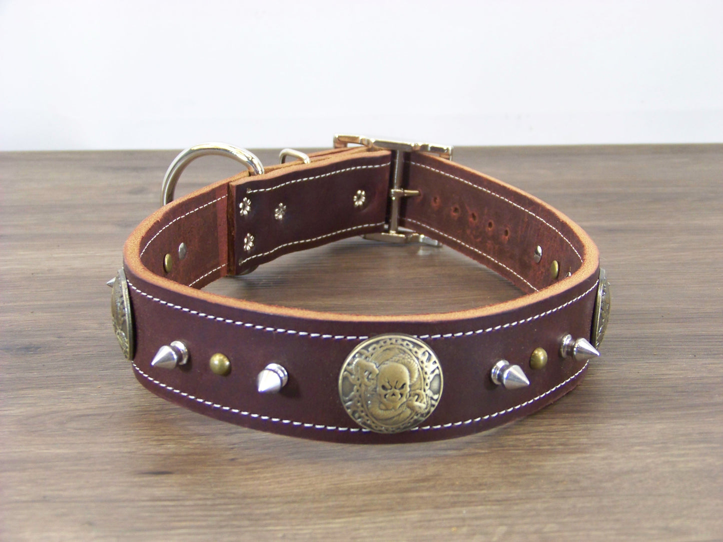 D)  1-1/2' Wide Leather Dog Collar - The Reaper - Skull Medalion W/ 1/2" Spike and Dome Rivets