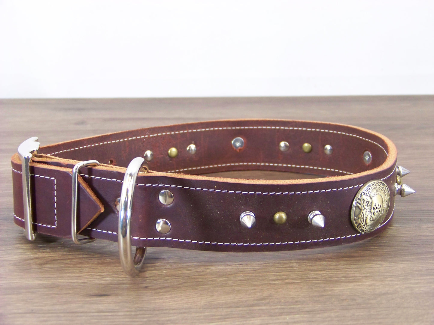 D)  1-1/2' Wide Leather Dog Collar - The Reaper - Skull Medalion W/ 1/2" Spike and Dome Rivets