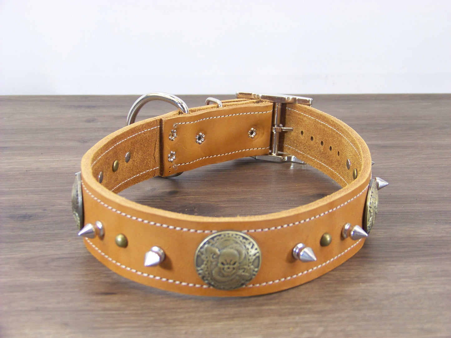 D)  1-1/2' Wide Leather Dog Collar - The Reaper - Skull Medalion W/ 1/2" Spike and Dome Rivets