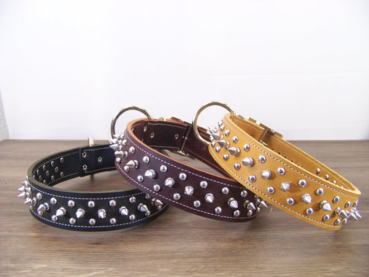 D)   1-1/2" Wide Leather Dog Collar- The Spyke-O-Sphere - Featuring Spikes with Dome Rivets
