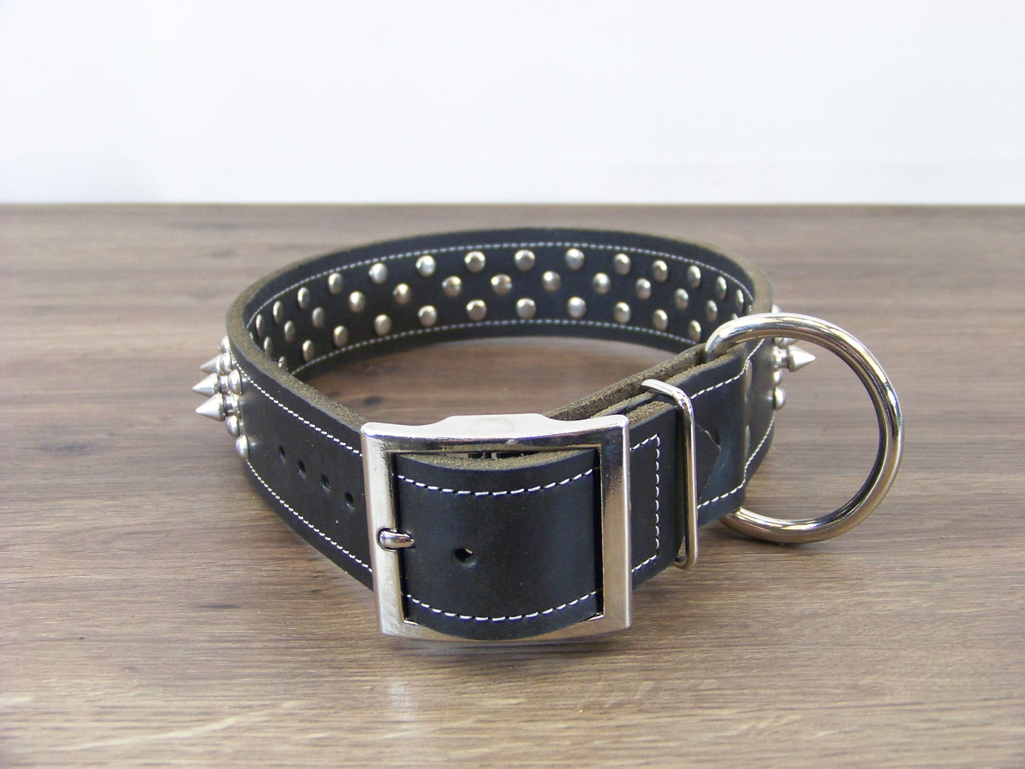 D)   1-1/2" Wide Leather Dog Collar- The Spyke-O-Sphere - Featuring Spikes with Dome Rivets