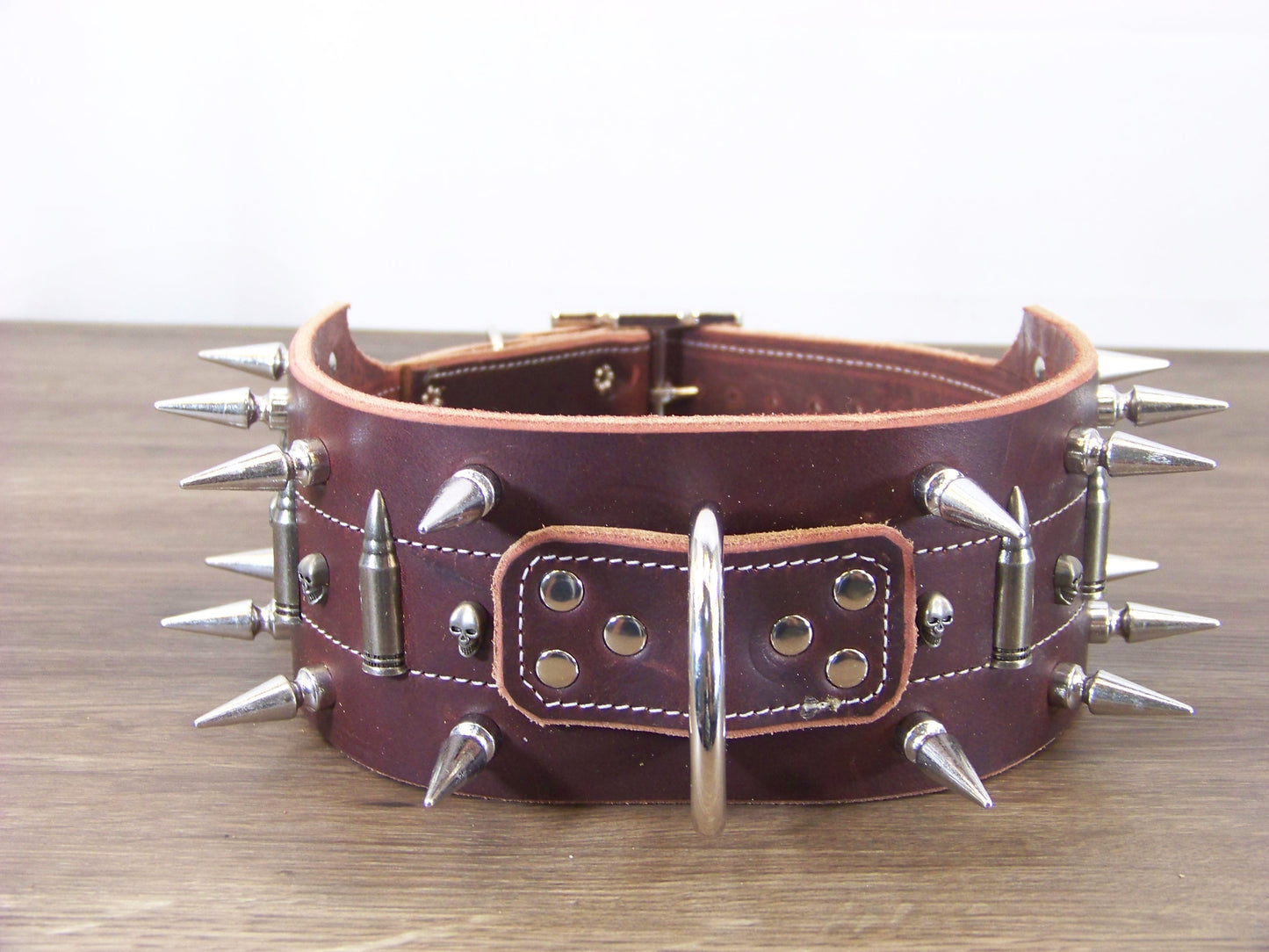 F)   3" Wide Leather Dog Collar -Top Gun- Double Row of Long Spikes w Skull and Cartridge Conchos