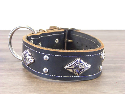 D)  1-1/2' Wide Leather Dog Collar - ON SALE - The Aztec - An Aztec Medalion and Dome Rivets