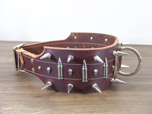 F)   3" Wide Leather Dog Collar -Top Gun- Double Row of Long Spikes w Skull and Cartridge Conchos